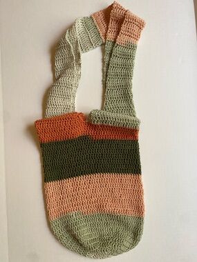Handmade Crocheted Striped Tote Bag in Peach, Olive & Sage